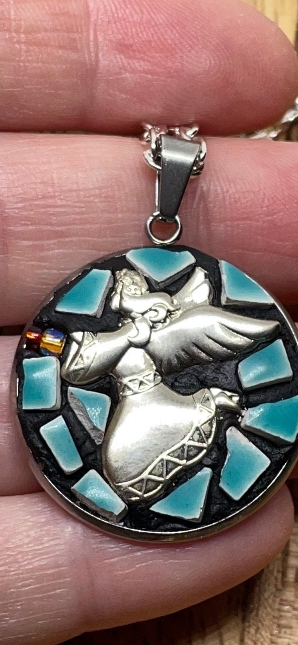 My handmade angel micro mosaic necklace with handcut tile and mixed materials