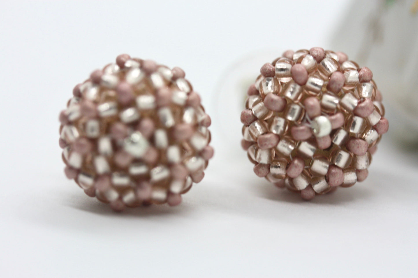 Handmade beaded bead stud earrings - approx. 3/4 of an inch - pink, wedding earrings, summer earrings