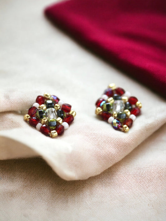 Small little hand beaded beadwork stud earrings - red, green, gold and white - crystals and seed beads