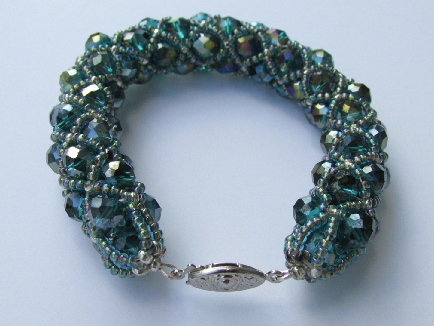 Mint green handmade, hand stitched crystal bracelet with toggle clasp