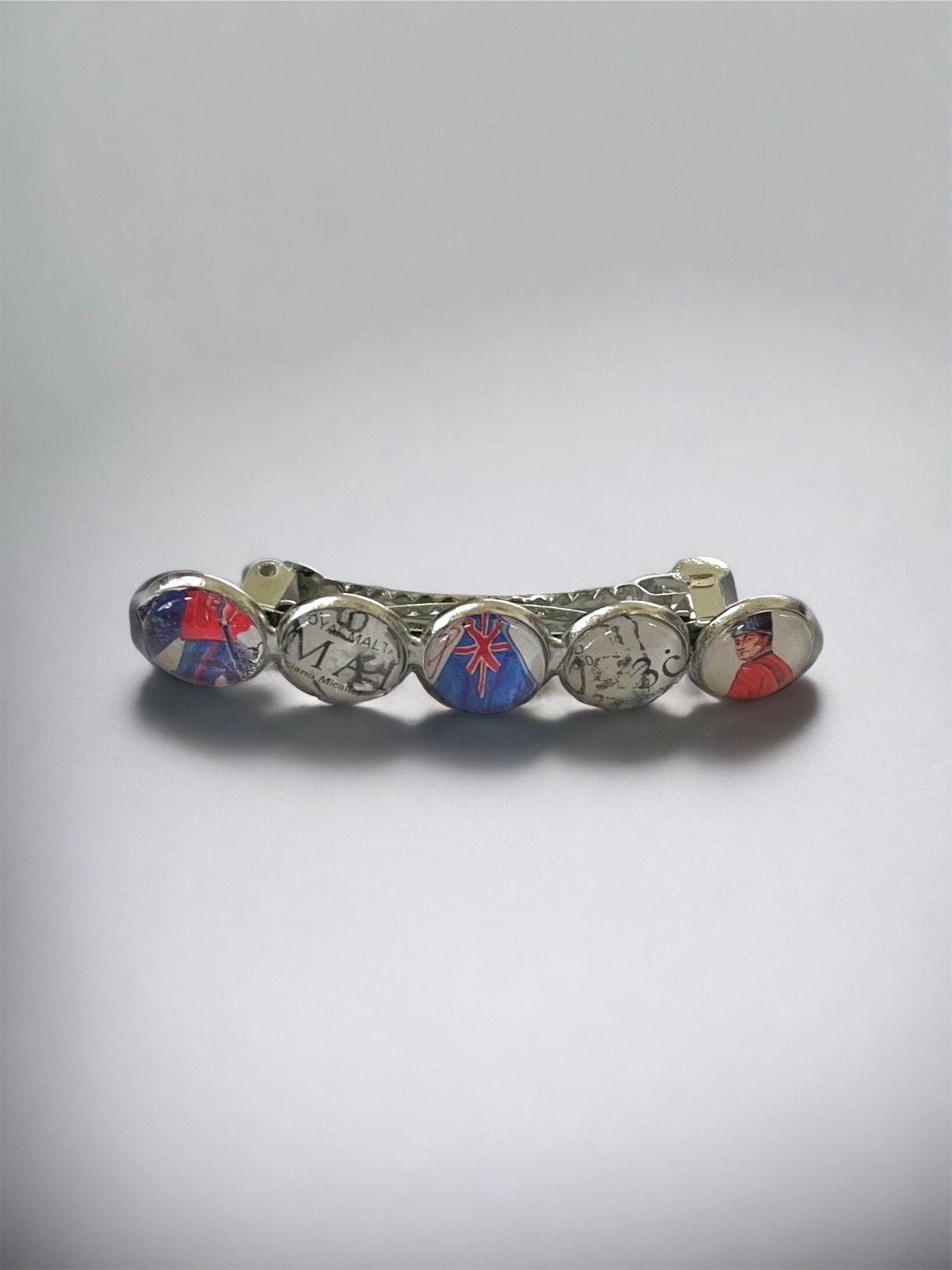 Unique handmade Hair barrette - made from postage stamps from Britain, England, United Kingdom, UK