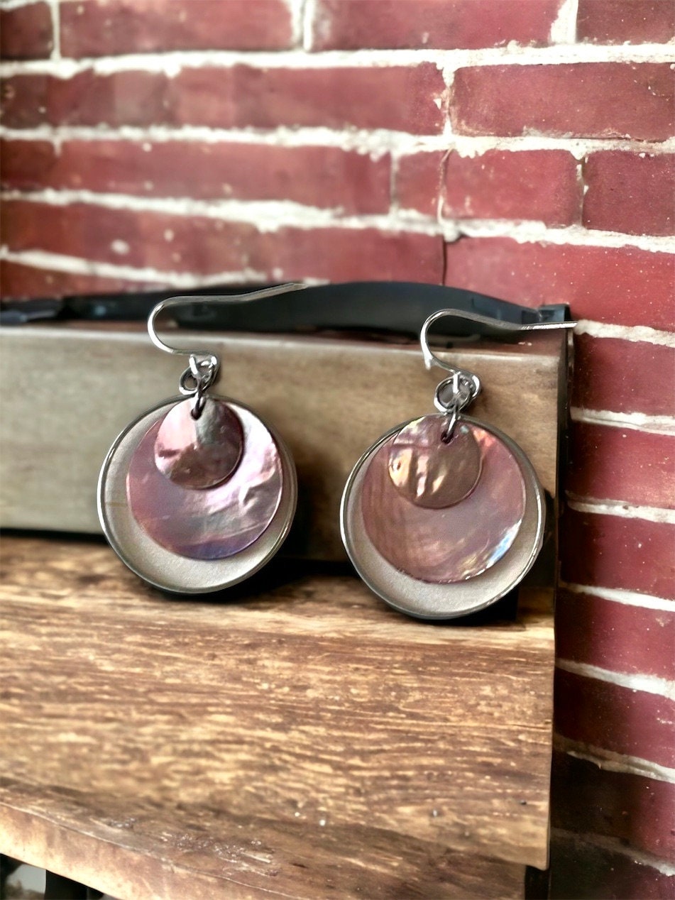 Handmade dangle earrings - color block shades of pink mother-of-pearl with silver hoops - sterling silver ear wires