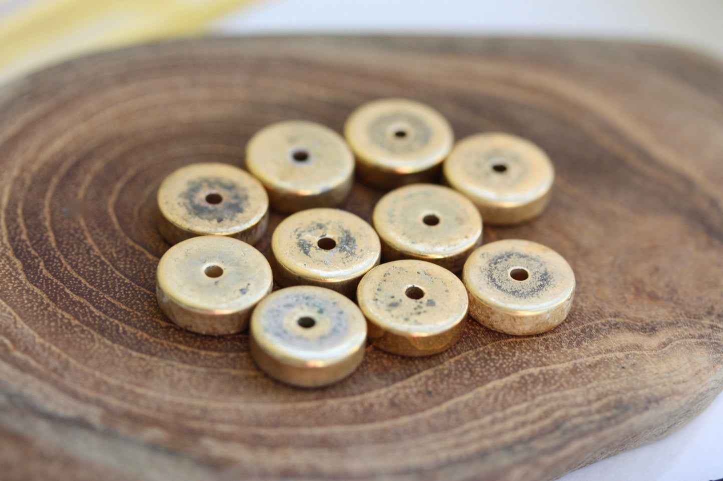 5 Round flat goldtone vintage spacer beads - approx. 10 mm x 3 mm