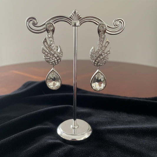 Vintage Rhinestone Teardrop Clip On Earrings | Silver Tone Art Deco Statement Dangle Jewelry