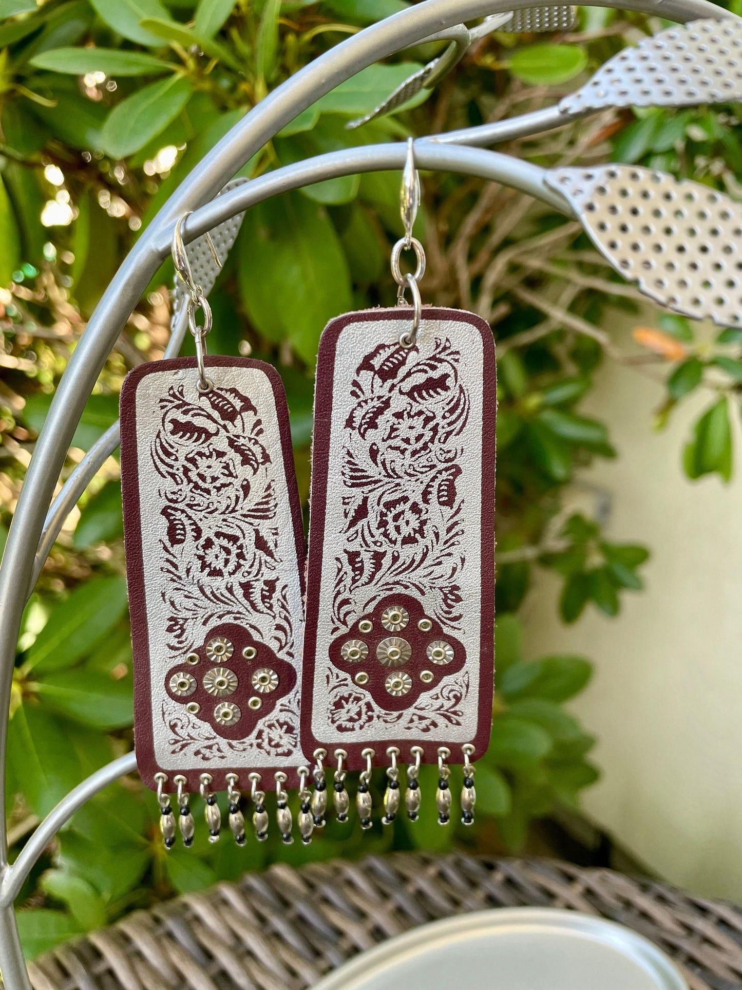Unique vintage artisan handmade leather dangle earrings