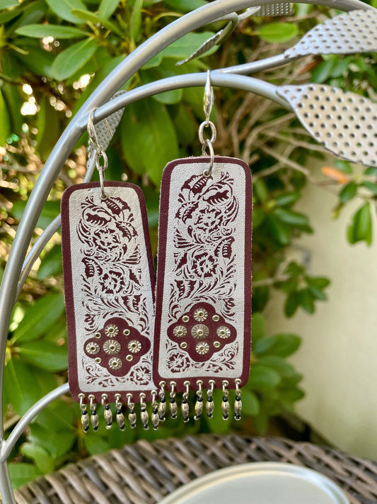 Unique vintage artisan handmade leather dangle earrings