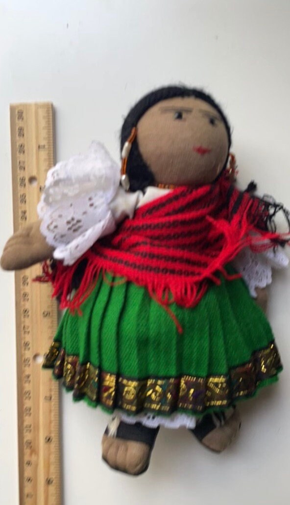 Stunning vintage Mexican? girl doll with braids, sandals and traditional clothing