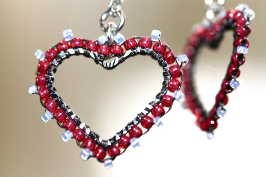 Small intricately beaded heart dangle earrings - original beadwork