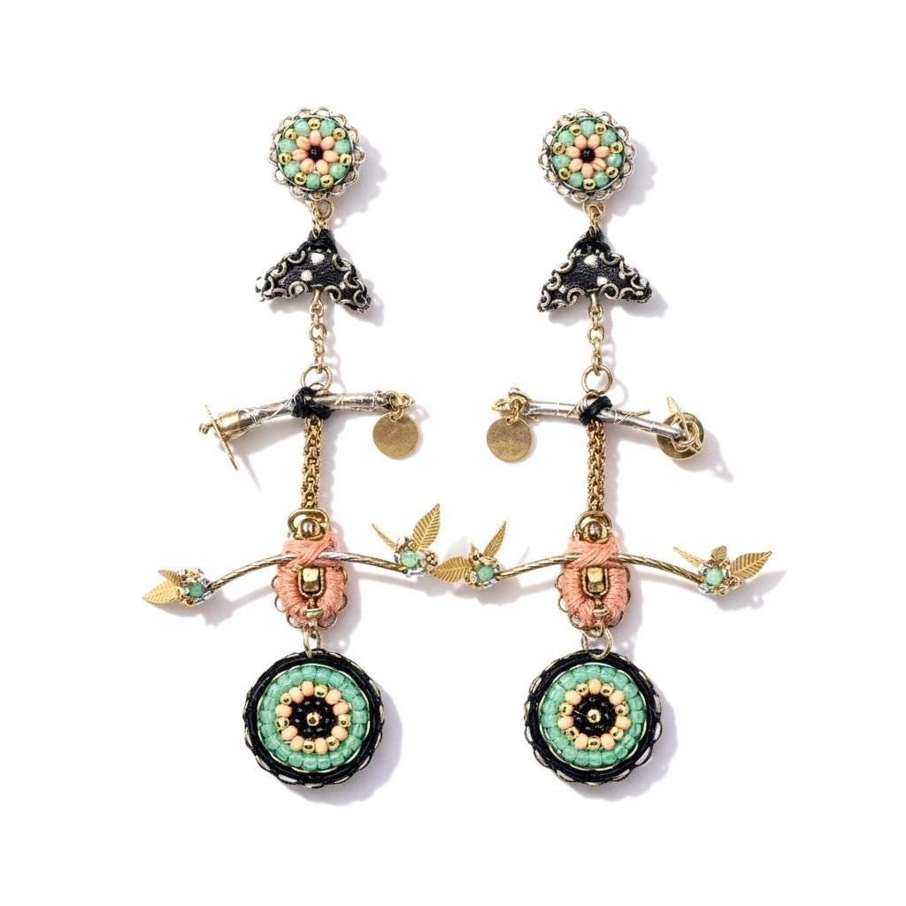 One-of-a-kind Handmade Beaded Earrings - Artisan Statement Earrings - Beadwork, Textile and metal Mixed Media Earrings, Boho Couture Jewelry