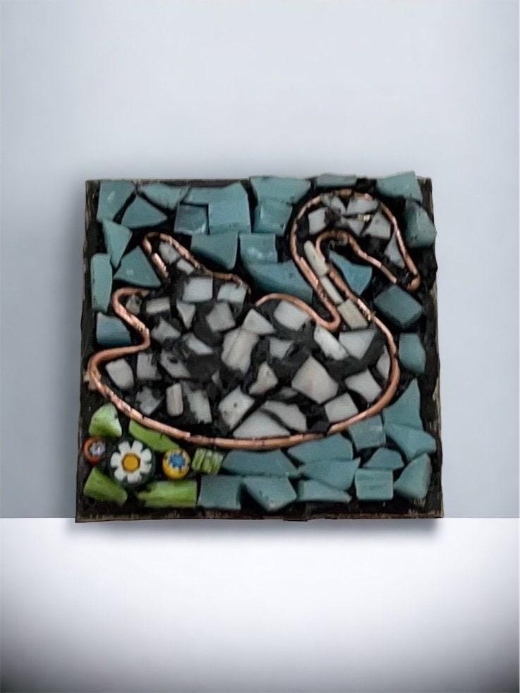 Handmade Mosaic Necklace - Swan in Water with Millefiori Glass