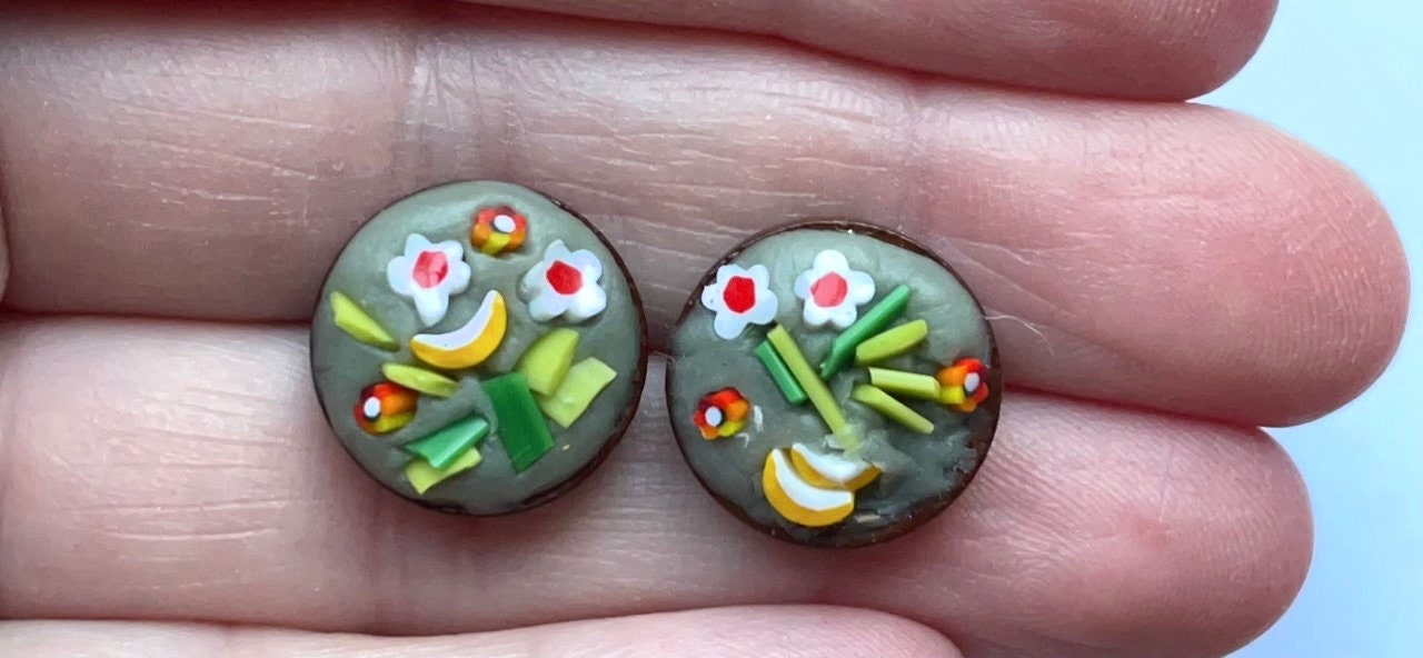 My handmade cut and inlaid glass micro-mosaic stud earrings