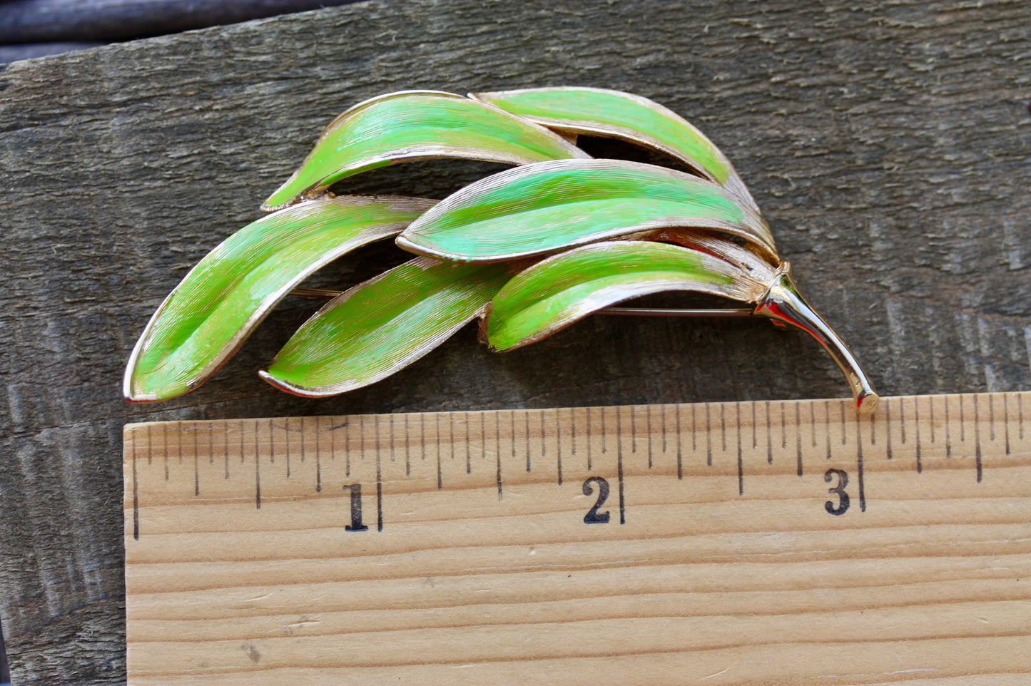 Revised, Modernized, Upcycled Vintage hand painted green leaves pin