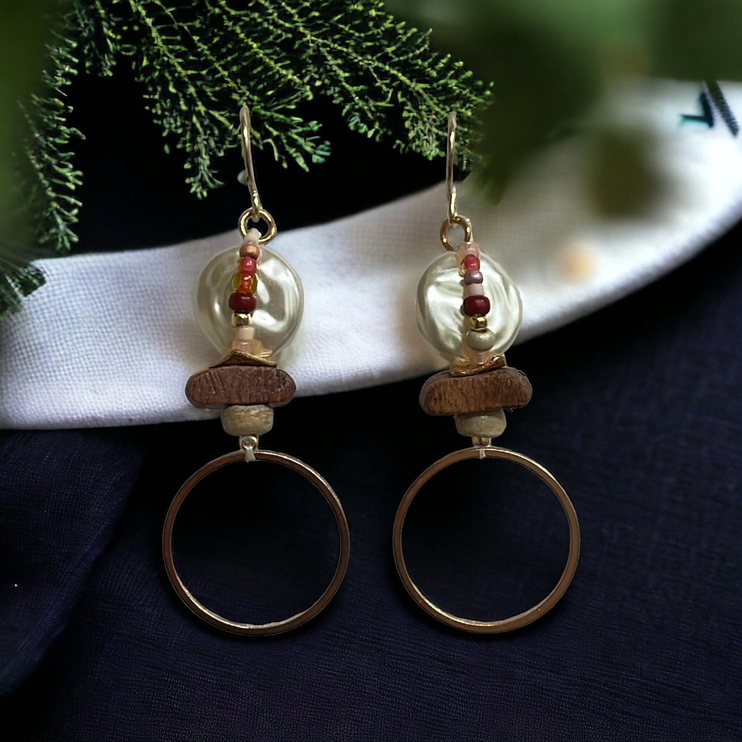 Multi material hoop earrings - layered wood, faux pearl, coral and shades of cream/brown glass seed beads, goldtone metal hoops