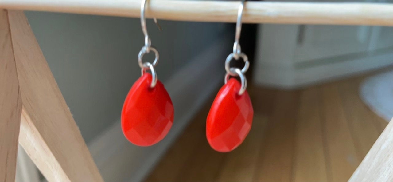 Simple upcycled orangish red teardrop dangle earrings