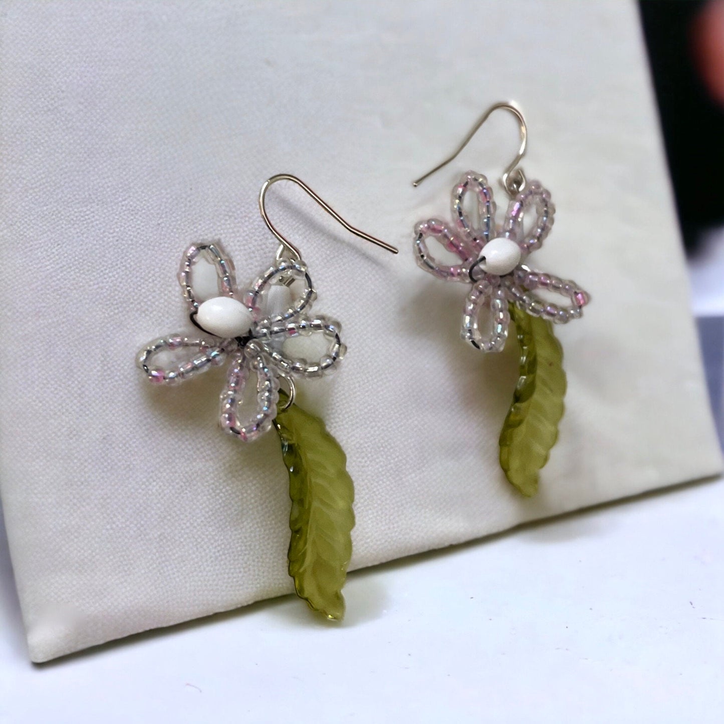 French beaded flowers with glass leaves dangle earrings