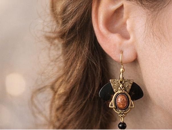 Vintage Art Deco Dangle Earrings • Goldstone Cabochon • Vintage Brass Filigree • Wooden Black Fan Accent • Boho Statement Earrings