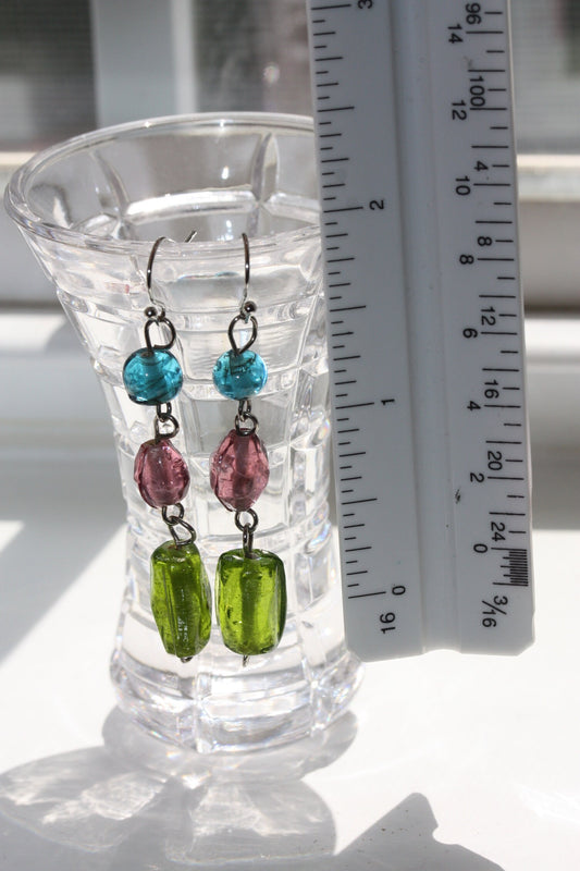 Handmade dangle earrings made of colorful recovered vintage glass