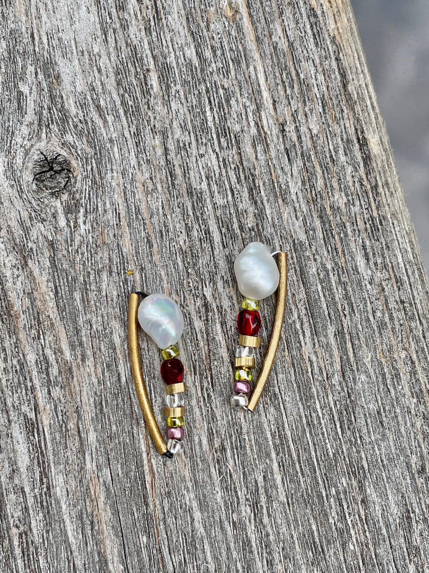Unique mixed material handmade sterling silver stud earrings - baroque pearls, glass, metal, Japanese seed beads