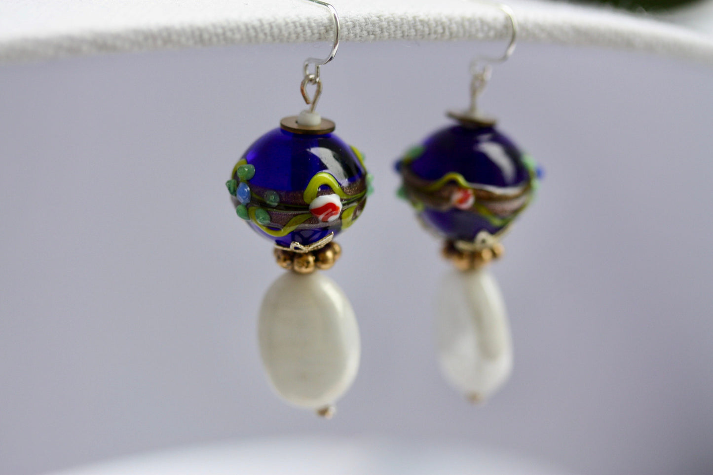 Cobalt blue Birthday cake vintage art glass earrings with white oval vintage glass