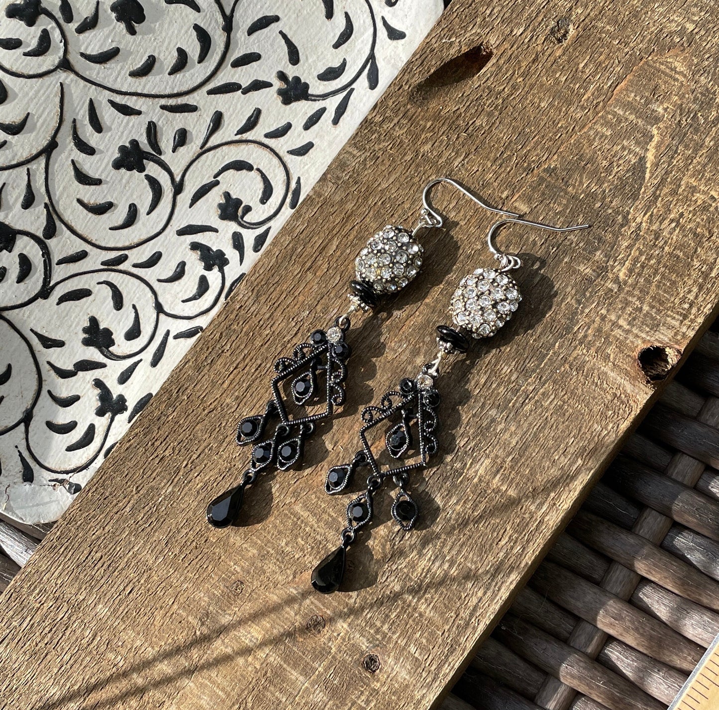 Mixed materials one-of-a-kind handmade dangle earrings - upcycled vintage rhinestones, new and vintage elements