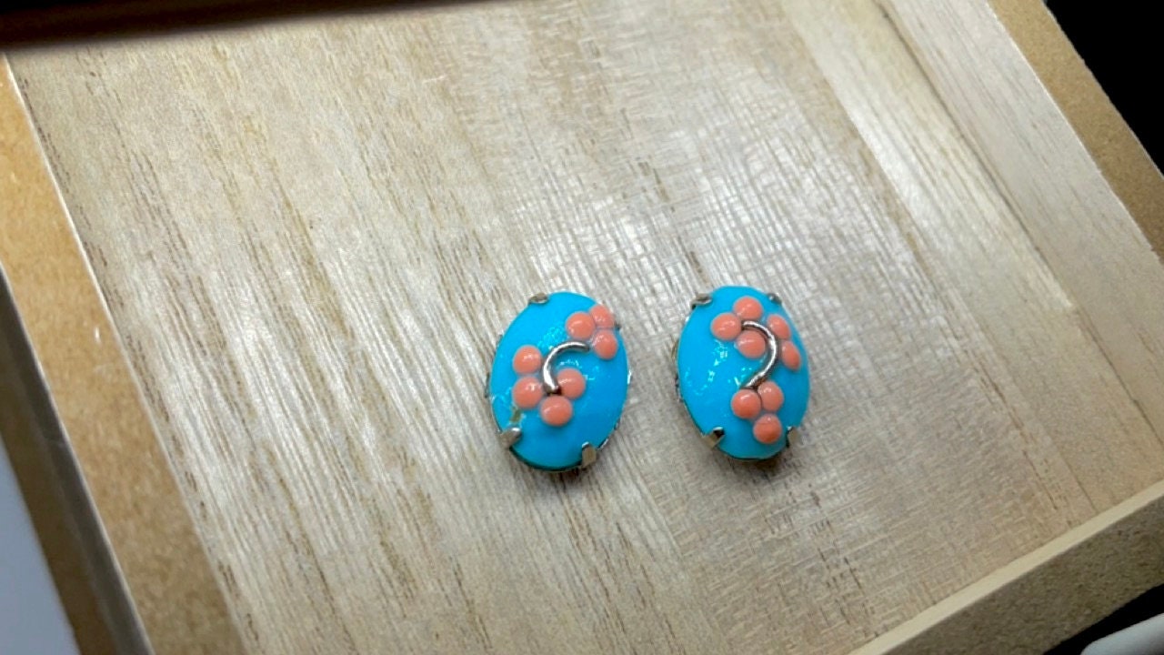 Asian inspired blue and peach floral handmade stud earrings with sterling silver ear wires