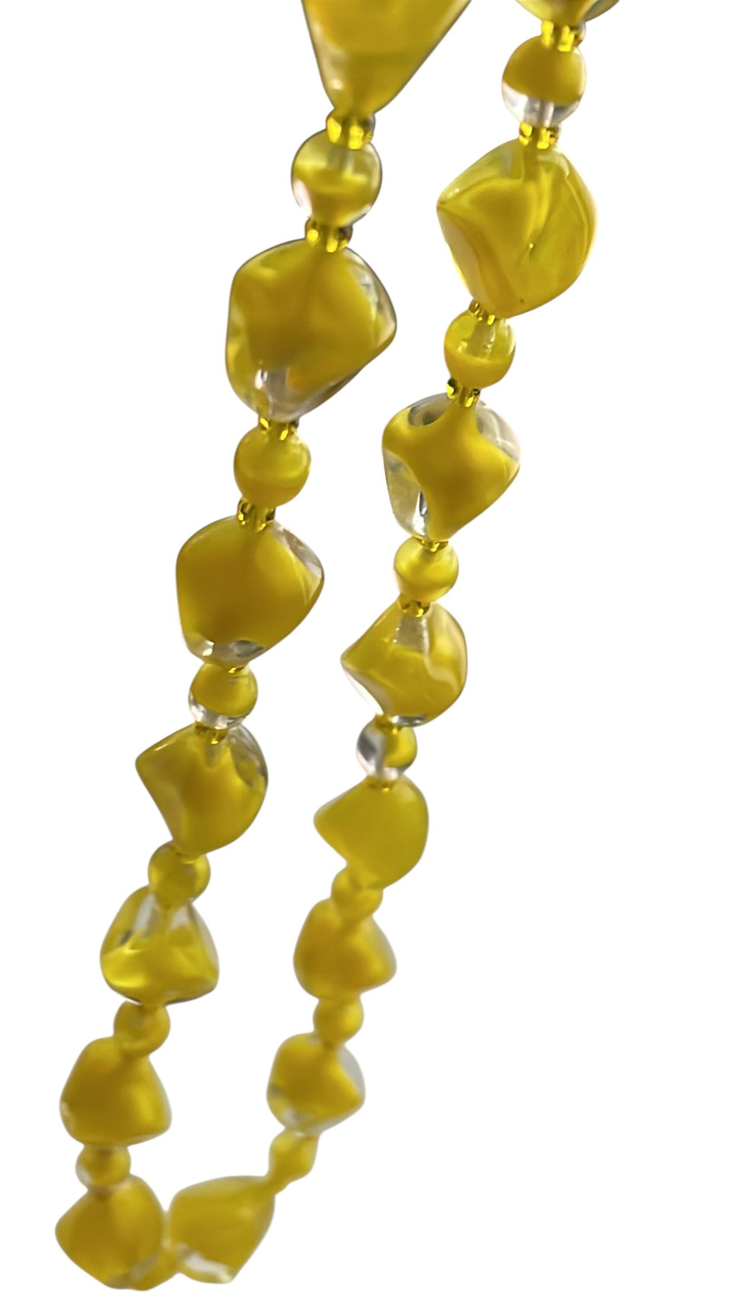 Vintage 1950s Czech Cased Glass Necklace – Bold Yellow & Clear Mid Century Art Glass Statement Beads