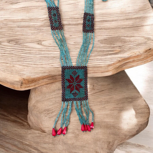 Stunning long multi-stranded vintage handmade all-beaded necklace - turquoise and red glass seed beads