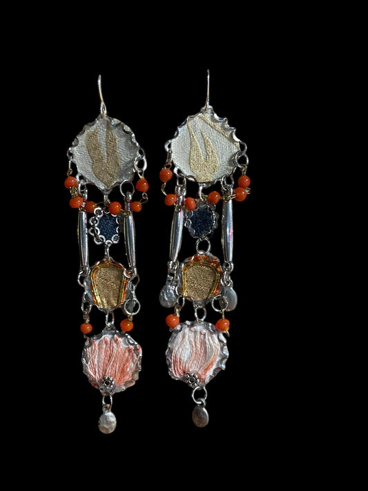 Orange and blue denim mixed media collage earrings with mixed fabrics and metals; Sterling silver ear wires