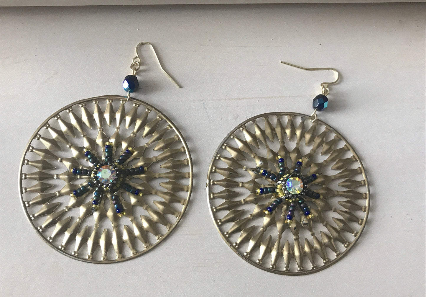 Revised, Modernized, large upcycled hoop earrings with handmade beadwork
