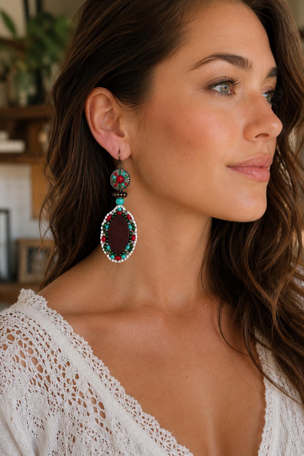 Handmade Beaded Dangle Earrings | Upcycled Vintage Wood & Enamel Beadwork Statement Earrings  | One of a Kind Artisan Jewelry