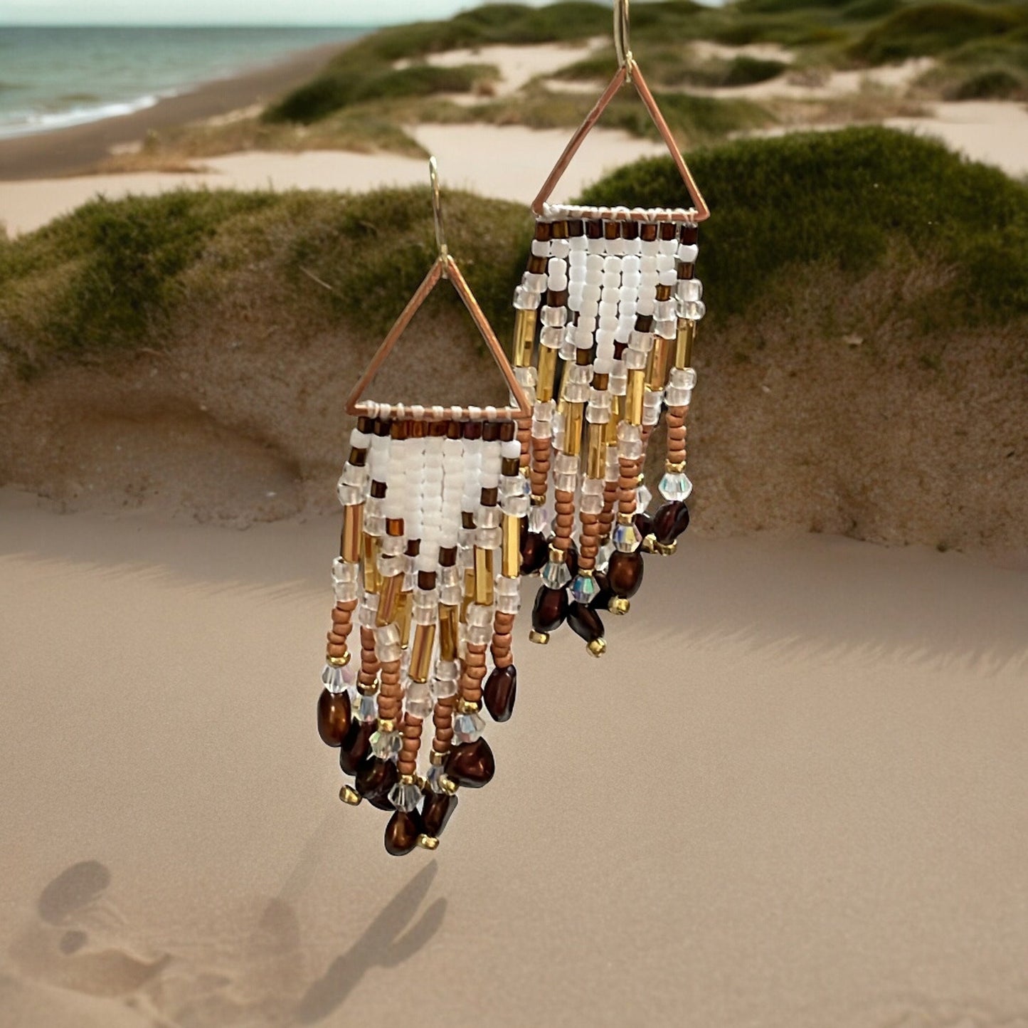 Hand beaded stunning dangle  earrings - earth toned seed beads with copper pearls