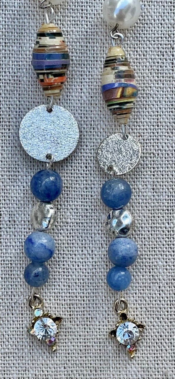 Unique long dangle earrings made with new and vintage mixed materials - metal, faux pearls, blue stones, rolled paper, vintage dangles