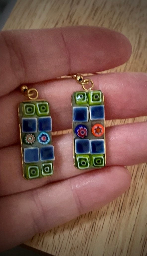 Small handmade micro mosaic glass and tile earrings