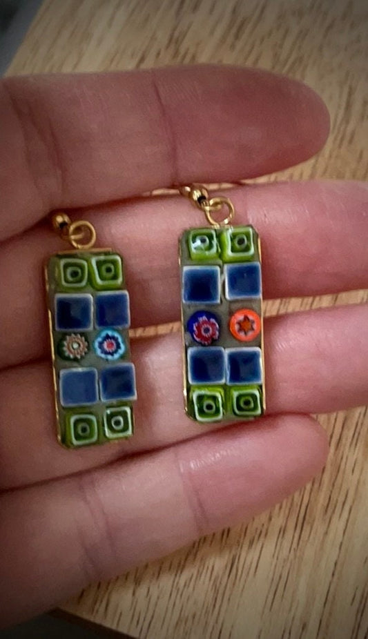 Small handmade micro mosaic glass and tile earrings
