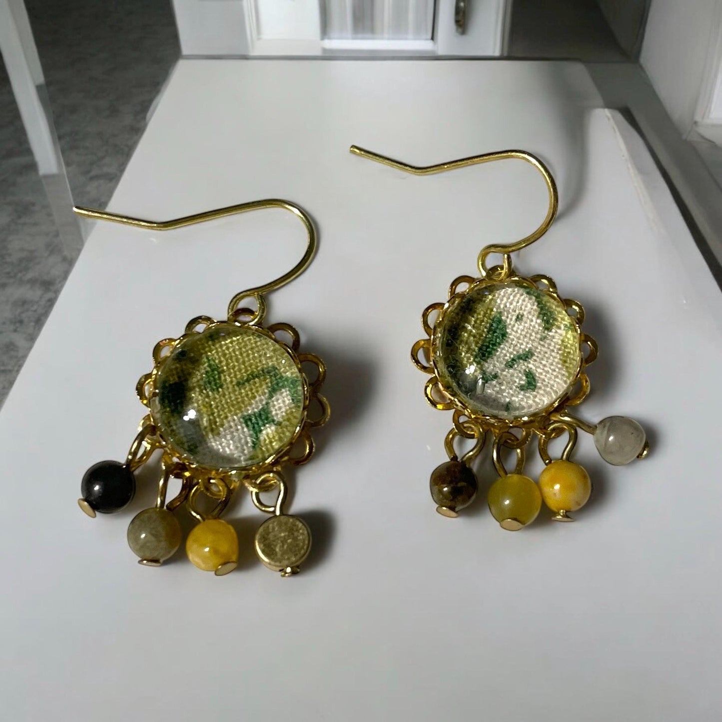 Tiny dangle earrings handmade mixed media earrings made with vintage fabric, glass cabochons, sloped ear wires and tiny dangles