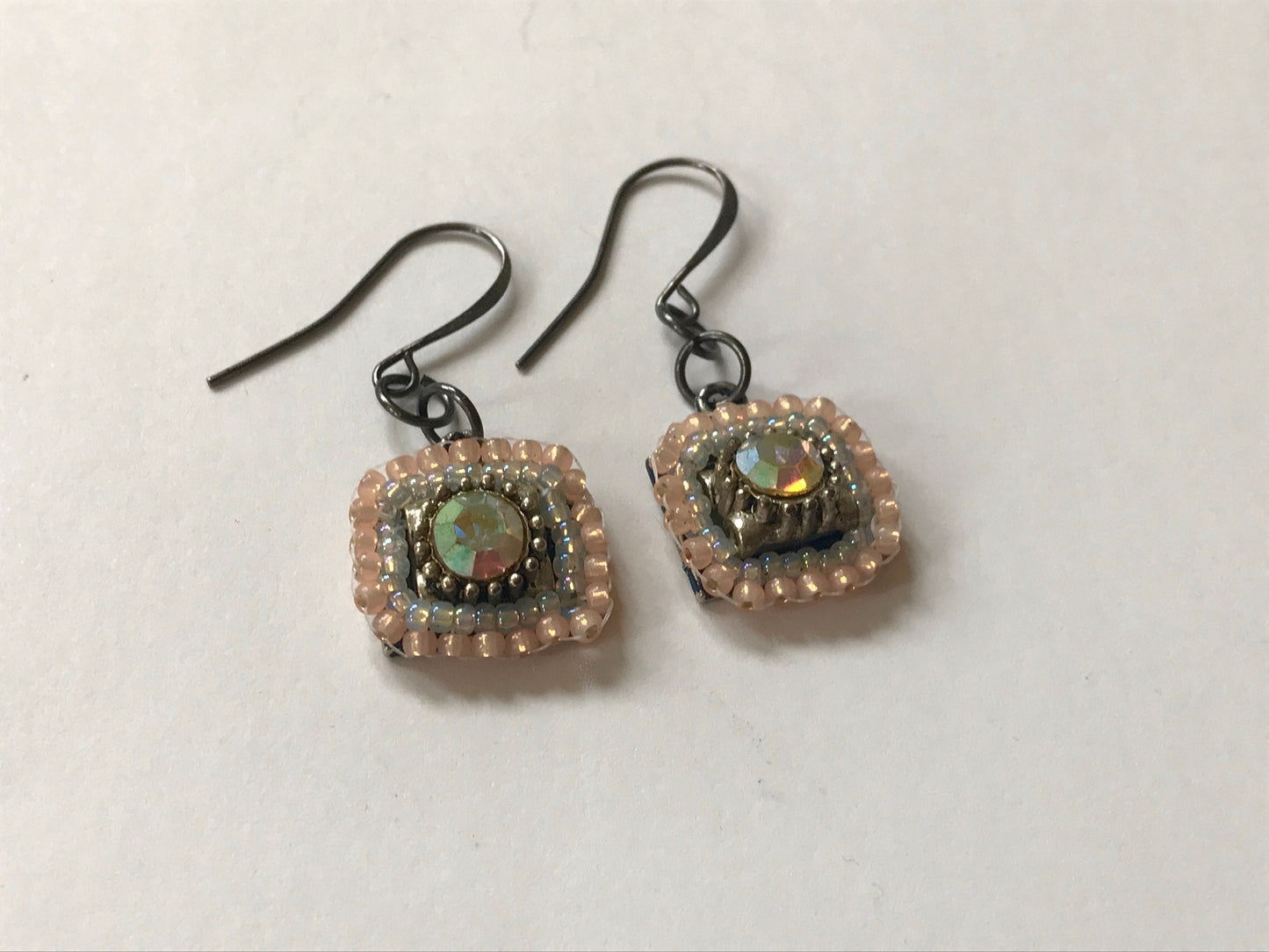 Small dangling handmade crystal and beadwork earrings