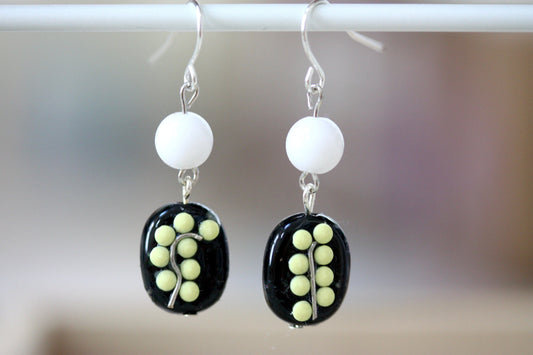 Sweet handmade yellow dotted black and white floral dangle earrings
