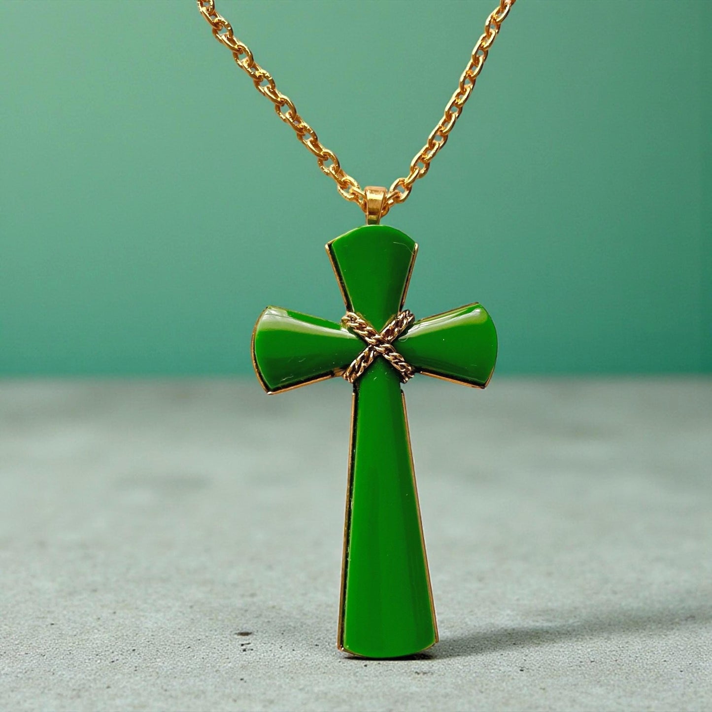 Vintage Avon Green Enamel Cross Pendant Necklace, Gold-Tone Chain, 1980s Avon Jewelry, Religious Statement Necklace