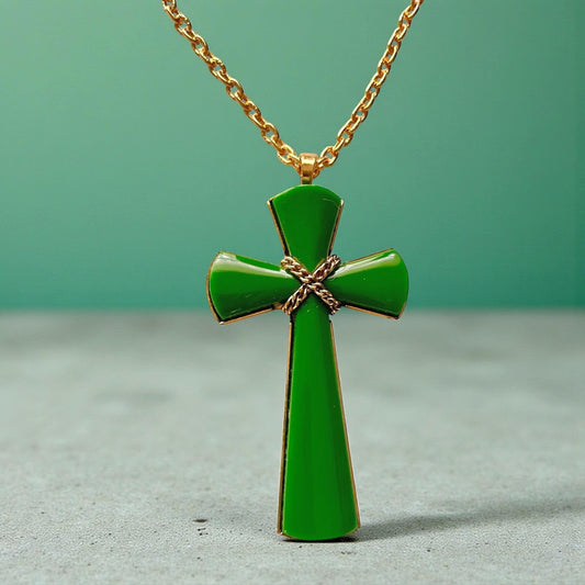 Vintage Avon Green Enamel Cross Pendant Necklace, Gold-Tone Chain, 1980s Avon Jewelry, Religious Statement Necklace