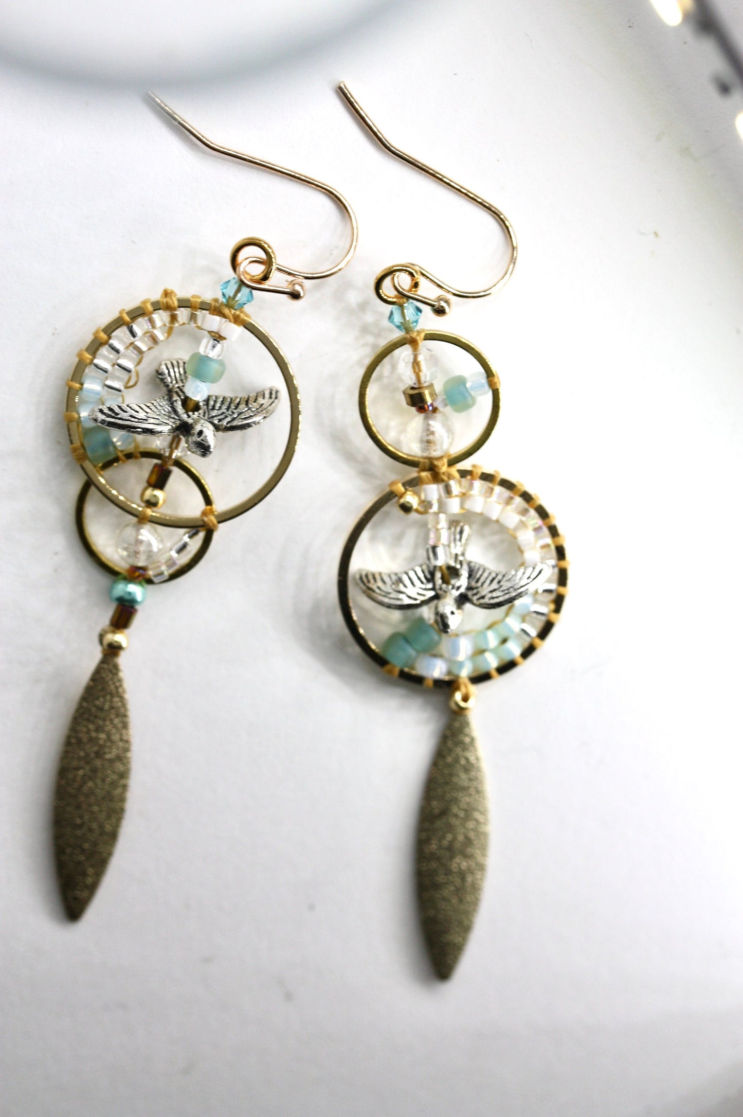 Uniquely modern art "flying seagulls" handmade beaded hoop earrings - part of my original "Shapes" series