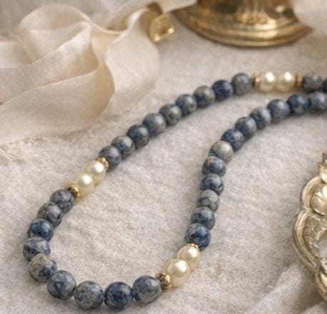 Long Blue Sodalite & Faux Pearl Necklace 32” Vintage Beaded Strand Gold Spacers Layering Statement Jewelry