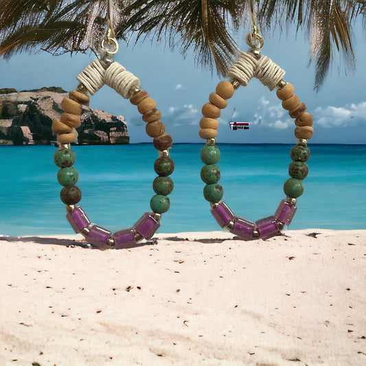 Handmade beaded dangle earrings - purple glass cubes, cream heishi beads, wood and metal spacers