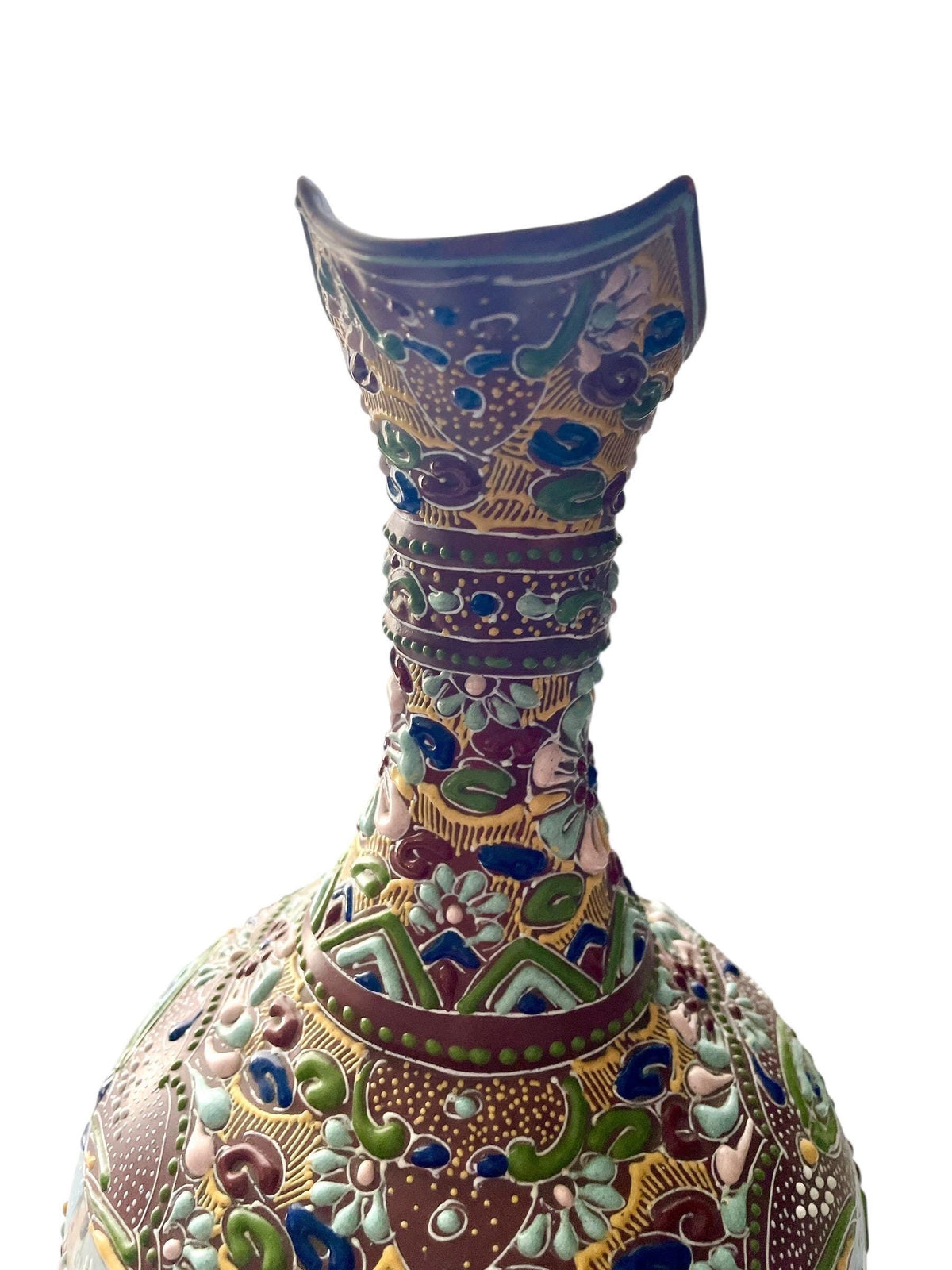 Antique Japanese Satsuma Moriage Pitcher | Hand Painted Figural Ewer Vase | Raised Enamel Gold Gilt | Meiji Style Art Pottery
