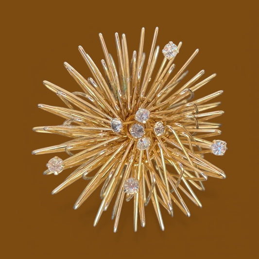 Vintage ATOMIC Brooch Gold Tone Wire MCM Dimensional Starburst Pin with rhinestones