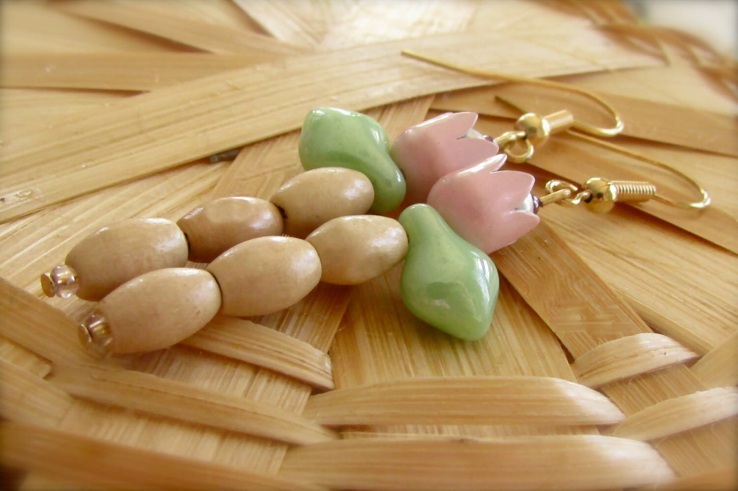 Handmade pink tulip earrings with wood oval puff beads pink enamel tulips, glass leaves and faux pearl centers