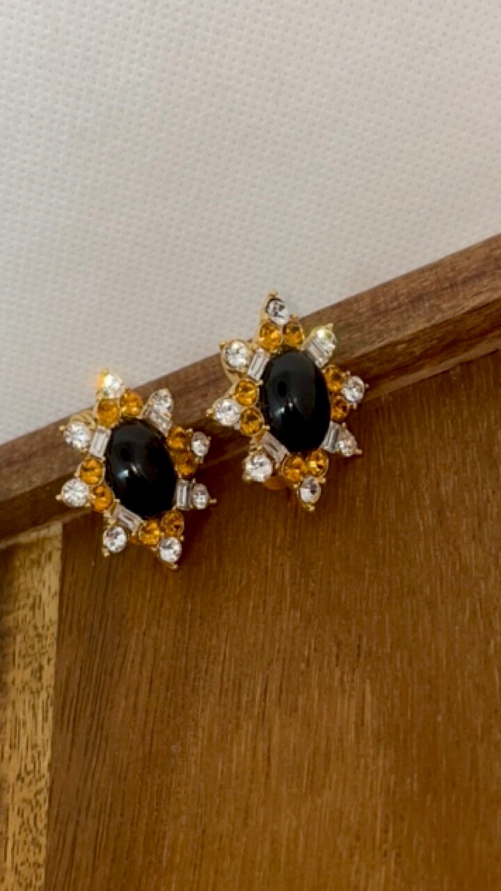 Vintage Runway Couture Black Enamel & Crystal 1980's rare signed Monet clip earrings