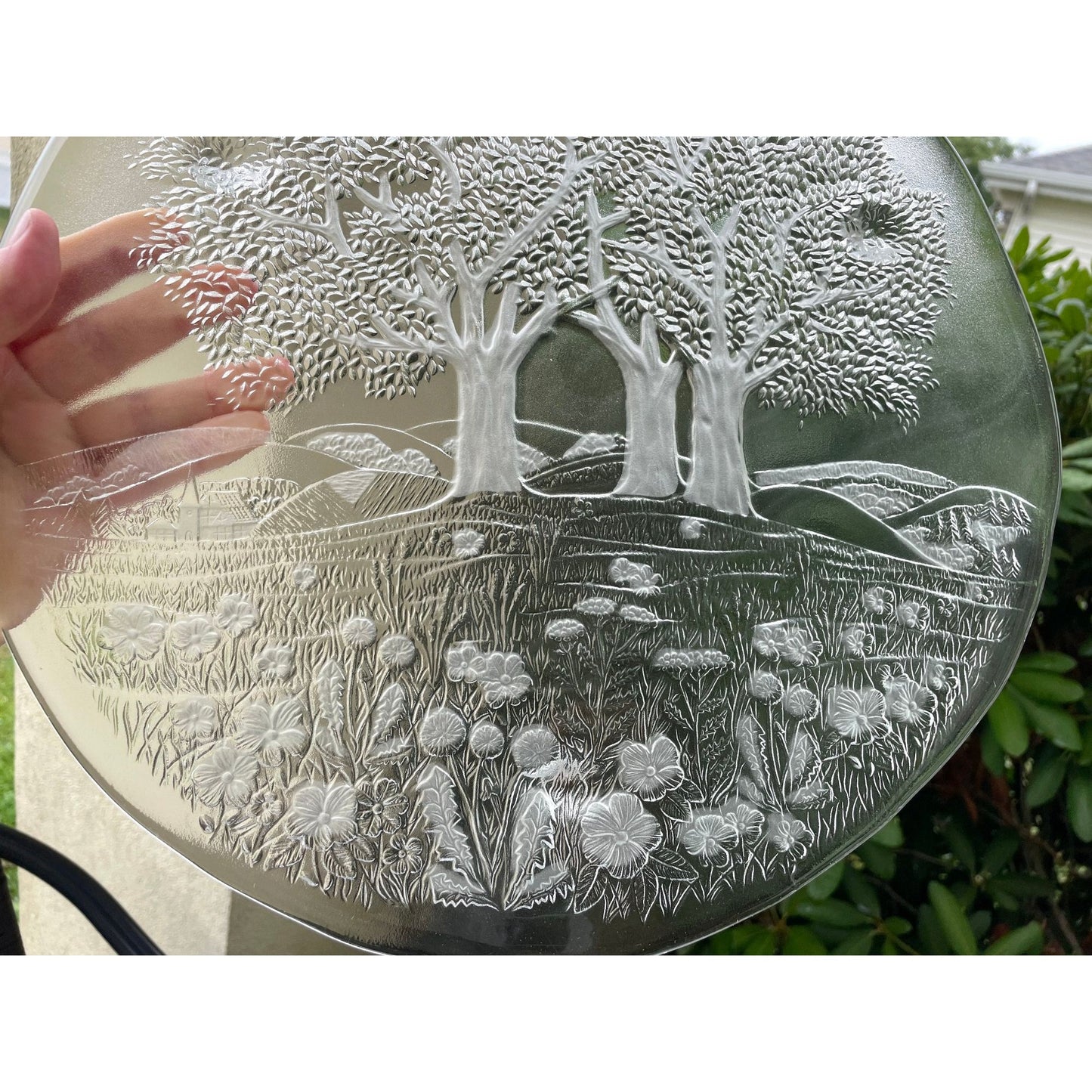 Etched glass trees and flower garden landscape vintage cake plate