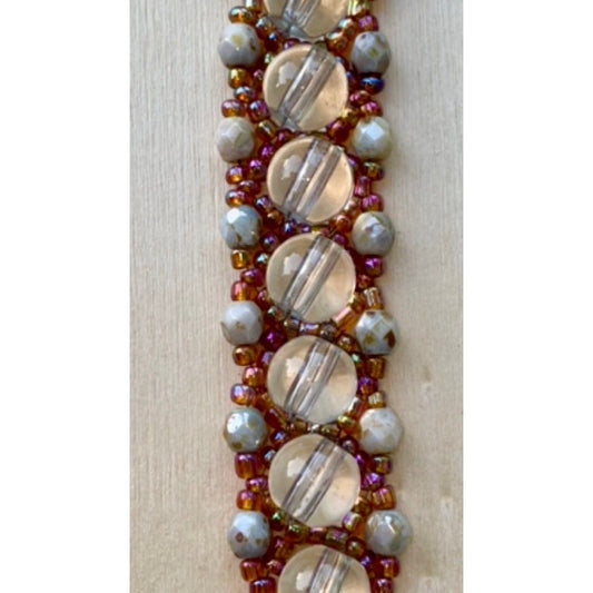 Stunning beadwoven vintage beadwork bracelet - gold iridescent seed beads, cream crystal spacers and clear white glass with toggle closure