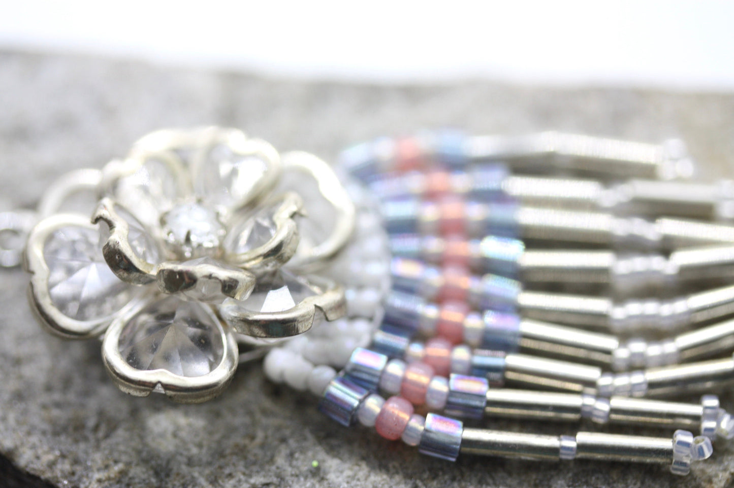Hand beaded Native-American-Style stunning dangle beadwork earrings - with crystal flowers