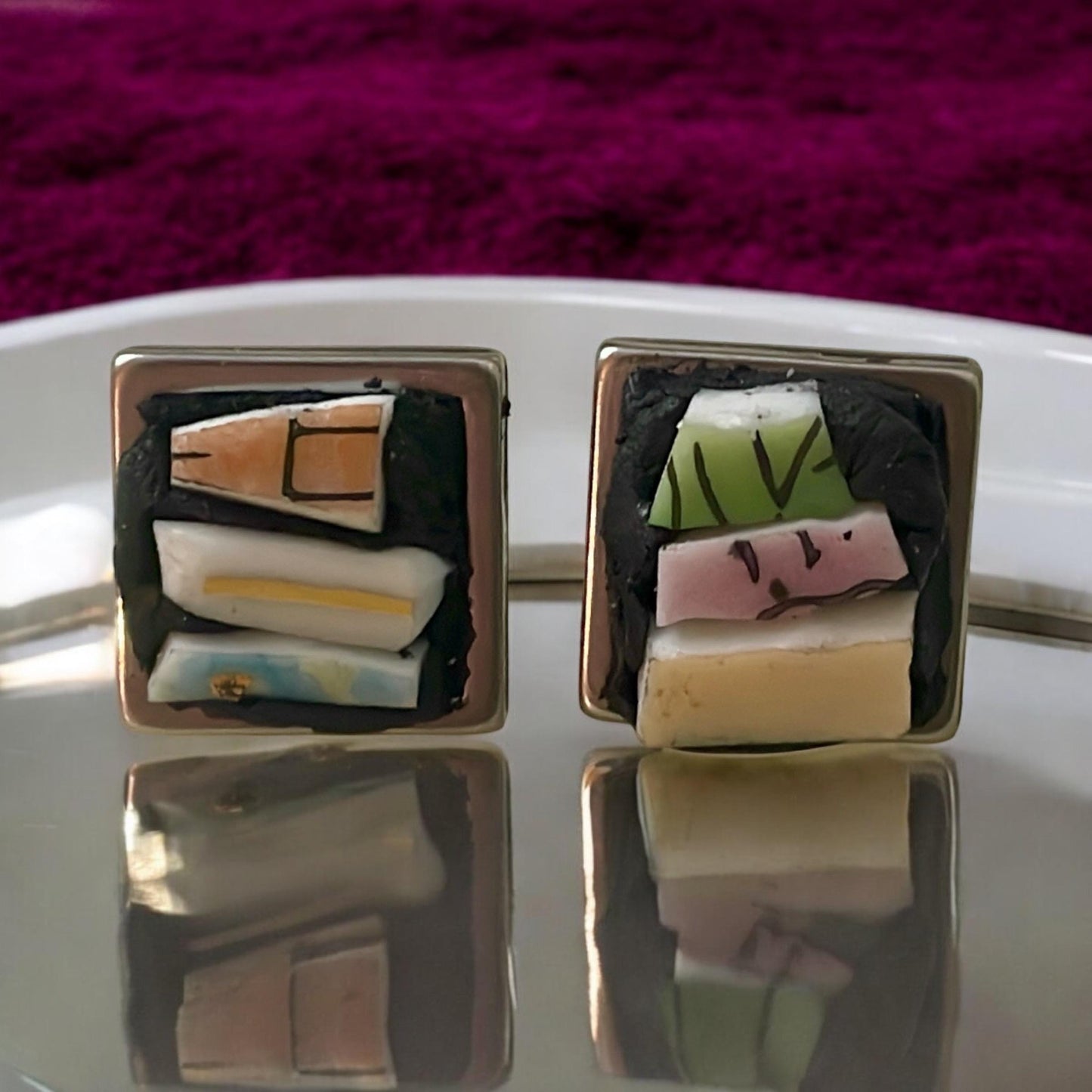 Handmade Mosaic Square Stud Earrings - Vintage Dish Abstract Design